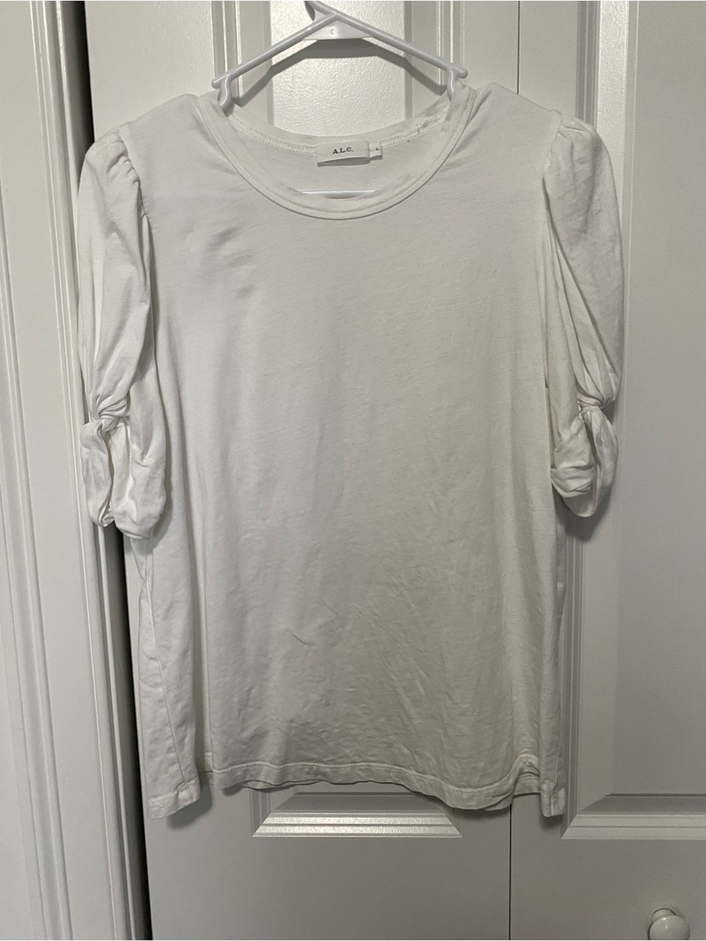 A.L.C. White Short-Sleeve Tee with Knotted Puff Sleeves